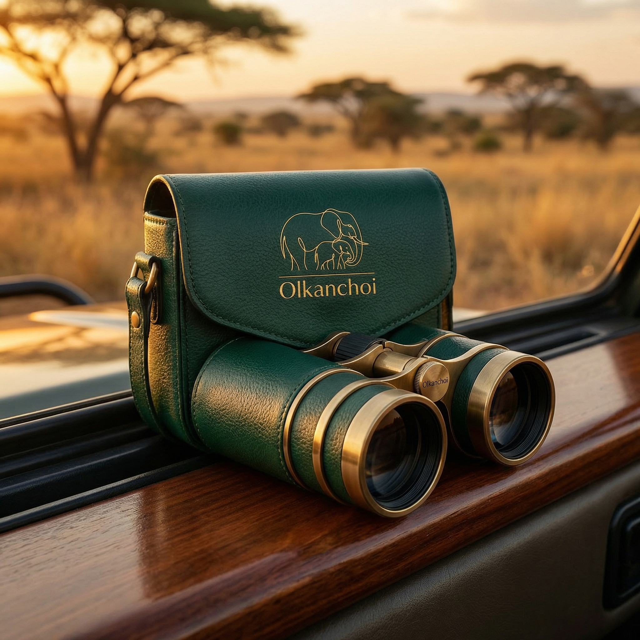 Olkanchoi branded binoculars with green leather case at sunset on safari