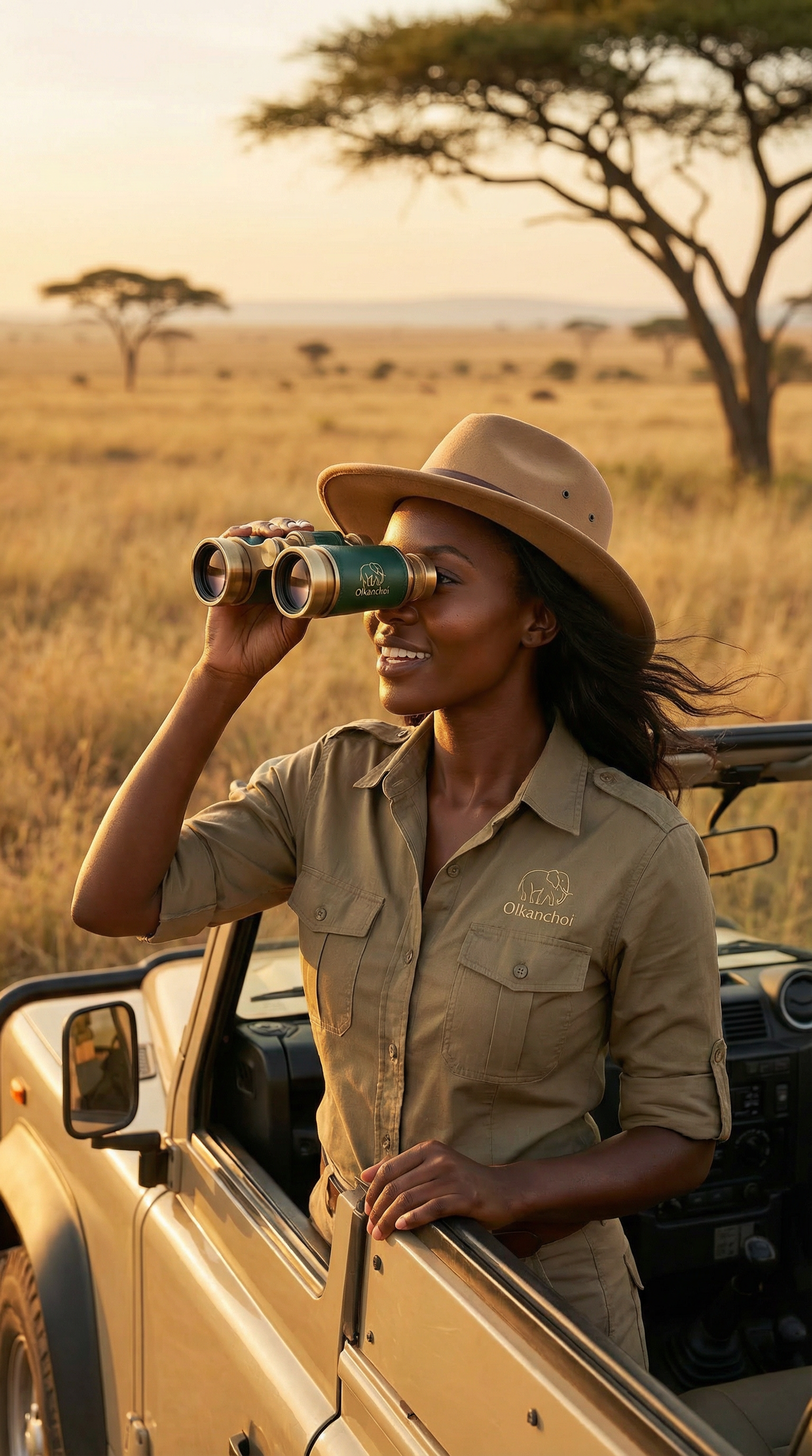 Olkanchoi female guide scanning the golden savanna with branded binoculars