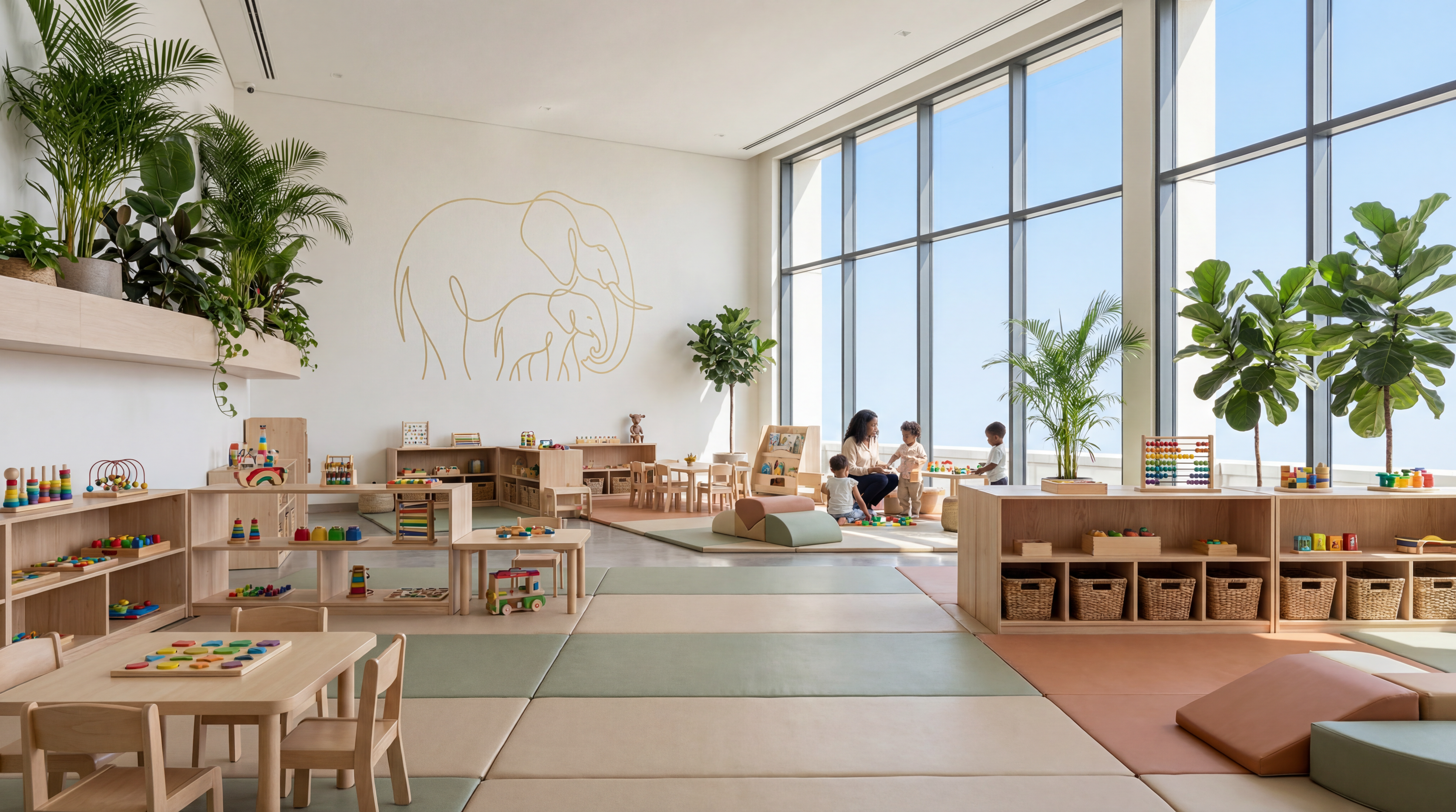 Olkanchoi learning centre — light-filled classroom with elephant logo mural and Montessori play areas